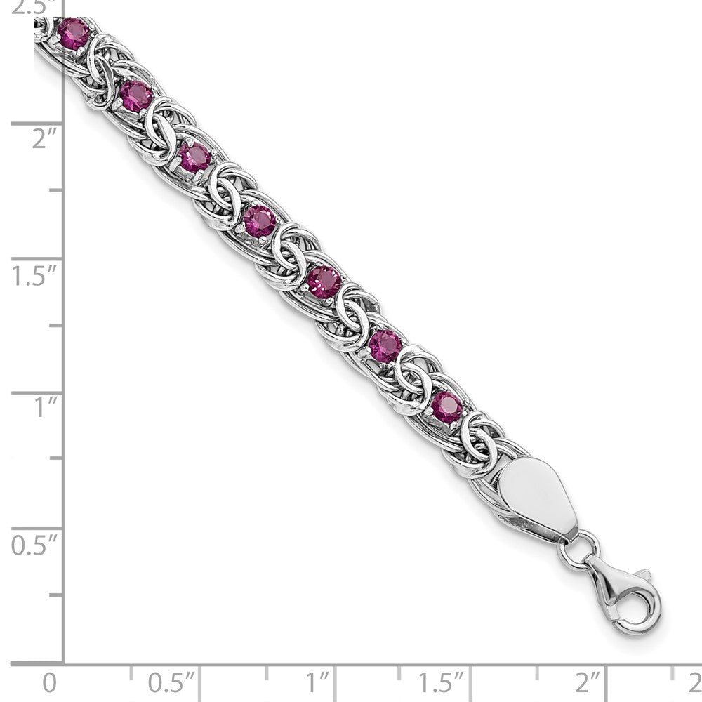 7.5 Inch Sterling Silver Rhodium-Plated Dark Pink Glass Flat Link 7.5In Bracelet