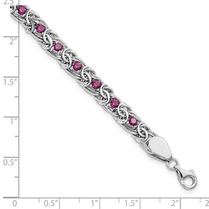 7.5 Inch Sterling Silver Rhodium-Plated Dark Pink Glass Flat Link 7.5In Bracelet