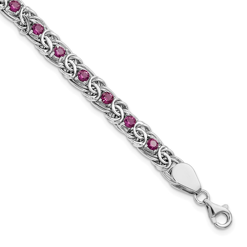 7.5 Inch Sterling Silver Rhodium-Plated Dark Pink Glass Flat Link 7.5In Bracelet