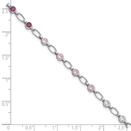 7.25 Inch Sterling Silver Rhodium-Plated Polished Red Pink Clear Cz Bracelet