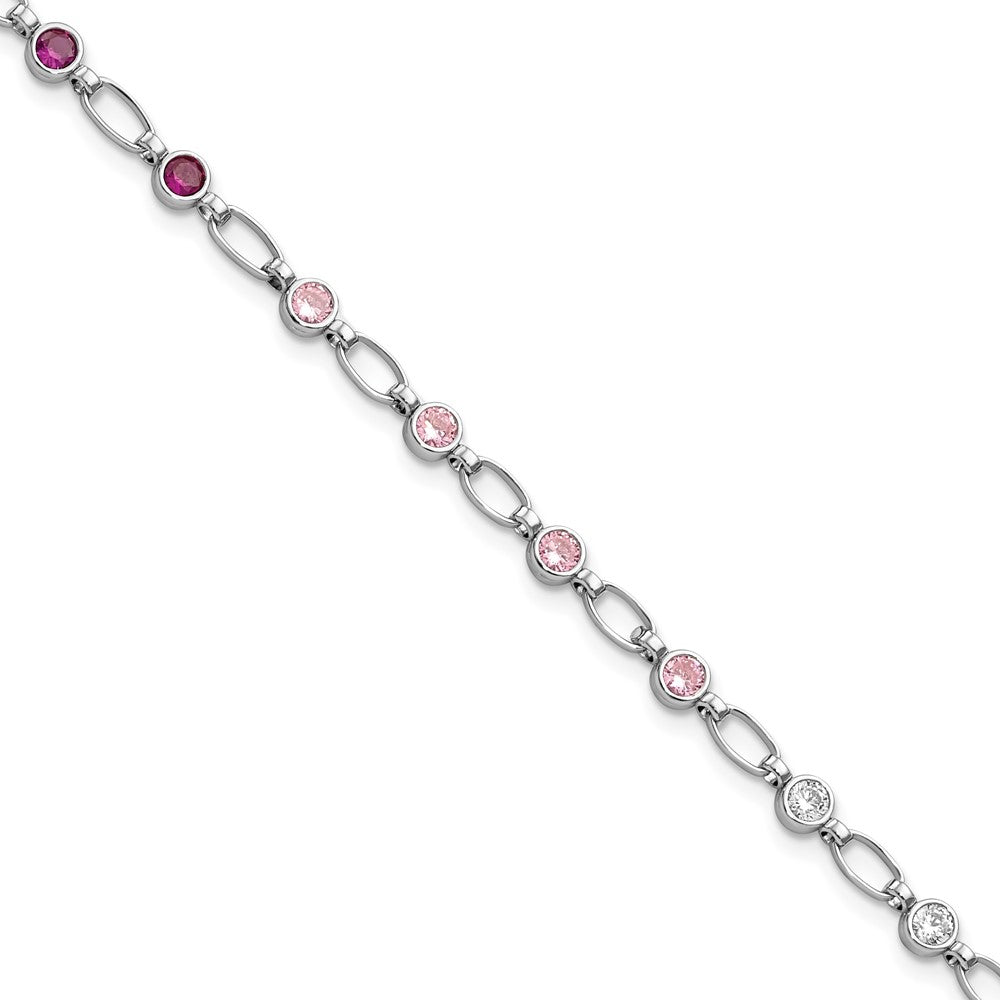 7.25 Inch Sterling Silver Rhodium-Plated Polished Red Pink Clear Cz Bracelet