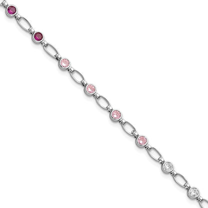 7.25 Inch Sterling Silver Rhodium-Plated Polished Red Pink Clear Cz Bracelet