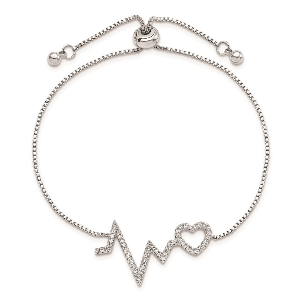 Sterling Silver Polished Rhodium Micro Pav Cz Heartbeat Adj. Bracelet