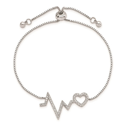 Sterling Silver Polished Rhodium Micro Pav Cz Heartbeat Adj. Bracelet
