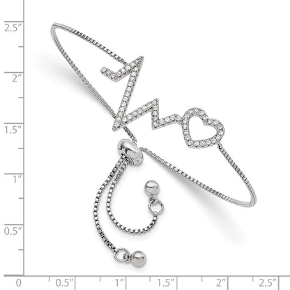 Sterling Silver Polished Rhodium Micro Pav Cz Heartbeat Adj. Bracelet
