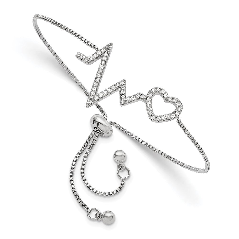 Sterling Silver Polished Rhodium Micro Pav Cz Heartbeat Adj. Bracelet