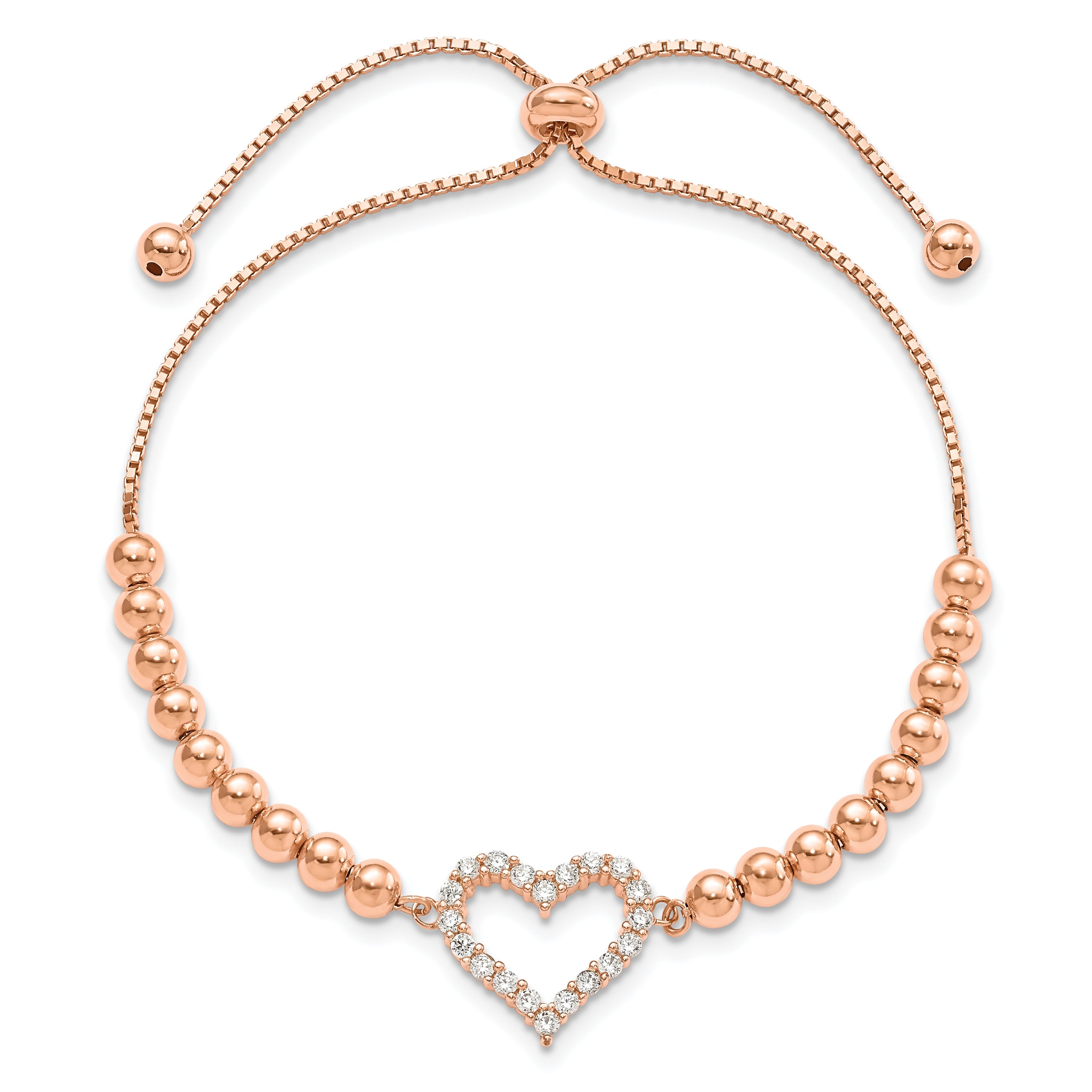 Sterling Silver Rose-Tone Beaded Cz Heart Adjustable Bracelet