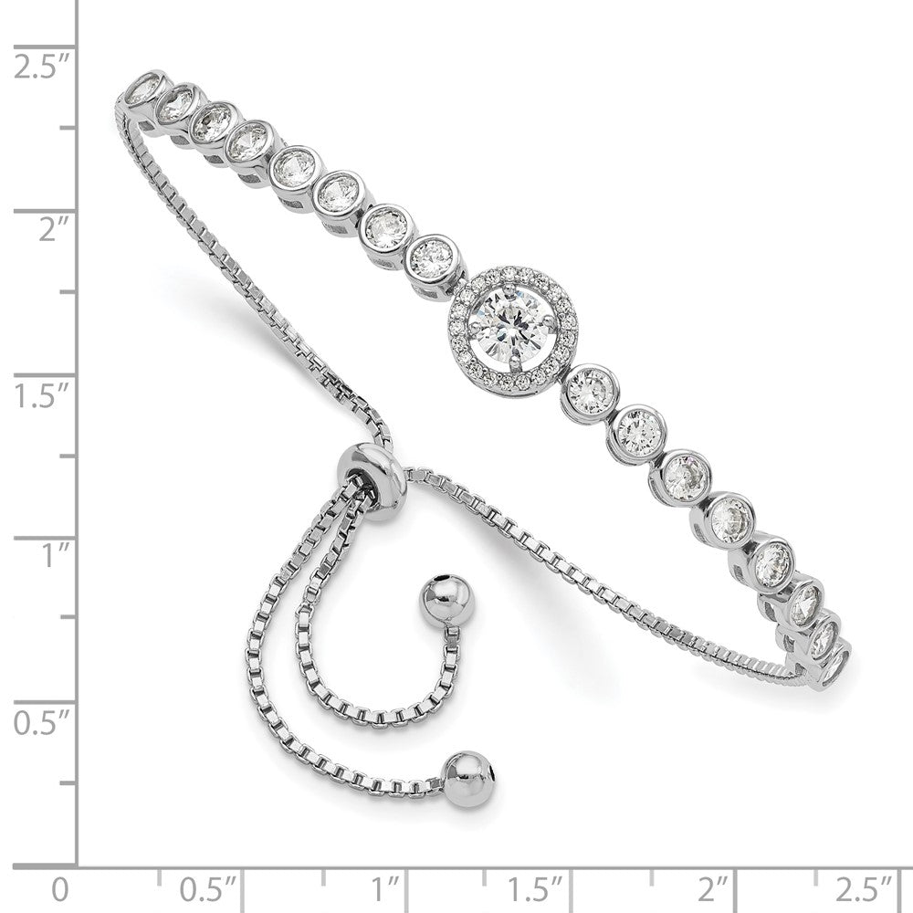 Sterling Silver Rhodium-Plated Bezel Set Cz & Halo Adjustable Bracelet