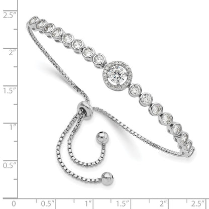Sterling Silver Rhodium-Plated Bezel Set Cz & Halo Adjustable Bracelet
