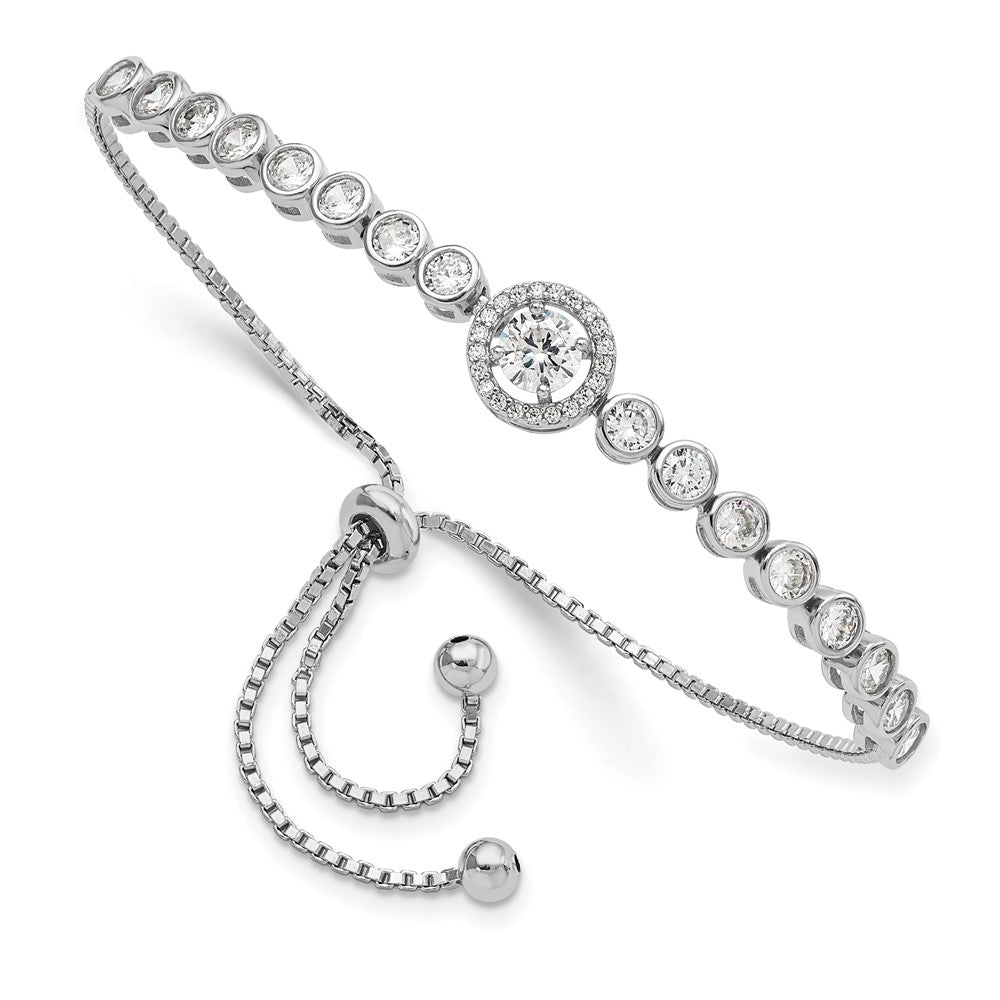 Sterling Silver Rhodium-Plated Bezel Set Cz & Halo Adjustable Bracelet