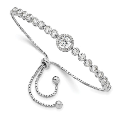Sterling Silver Rhodium-Plated Bezel Set Cz & Halo Adjustable Bracelet