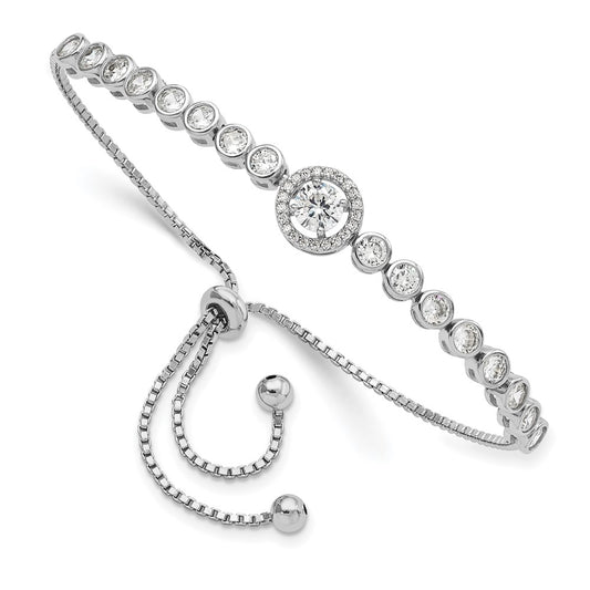 Sterling Silver Rhodium-Plated Bezel Set Cz & Halo Adjustable Bracelet