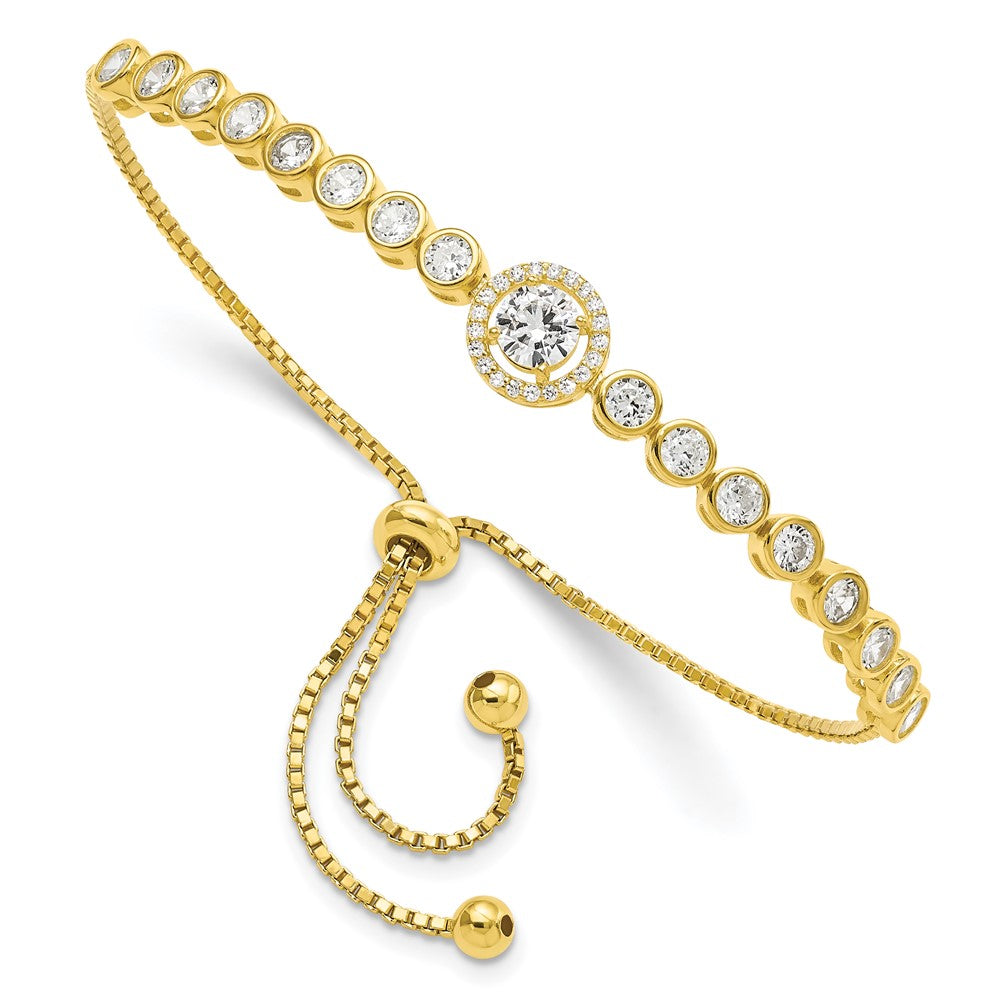 Sterling Silver Gold-Tone Bezel Set Cz & Halo Adjustable Bracelet
