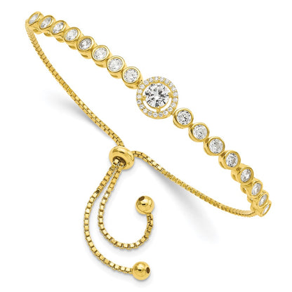 Sterling Silver Gold-Tone Bezel Set Cz & Halo Adjustable Bracelet