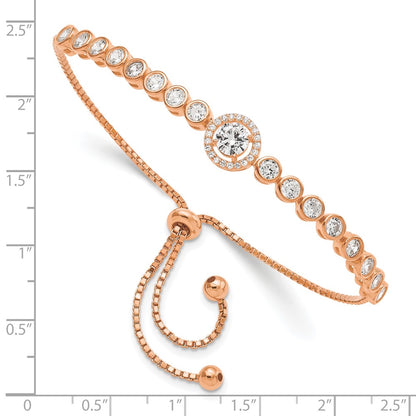 Sterling Silver Rose-Tone Bezel Set Cz & Halo Adjustable Bracelet