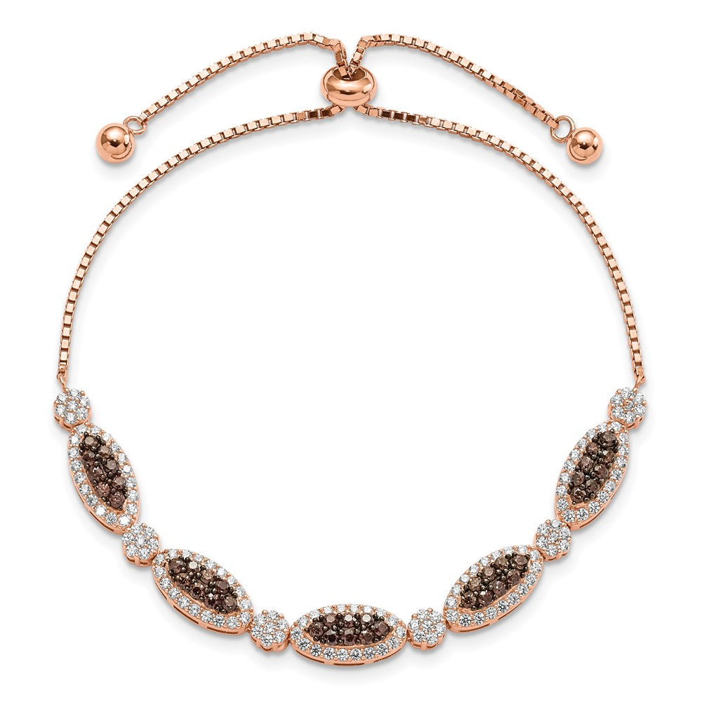 Sterling Silver Rose-Tone Blk Rhodium-Plated Cz Fancy Adjustable Bracelet