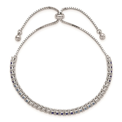 Sterling Silver Rhodium Created Blue Spinel & Cz Adjustable Bracelet