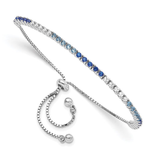 Sterling Silver Rhodium Created Blue Spinel & Cz Adjustable Bracelet