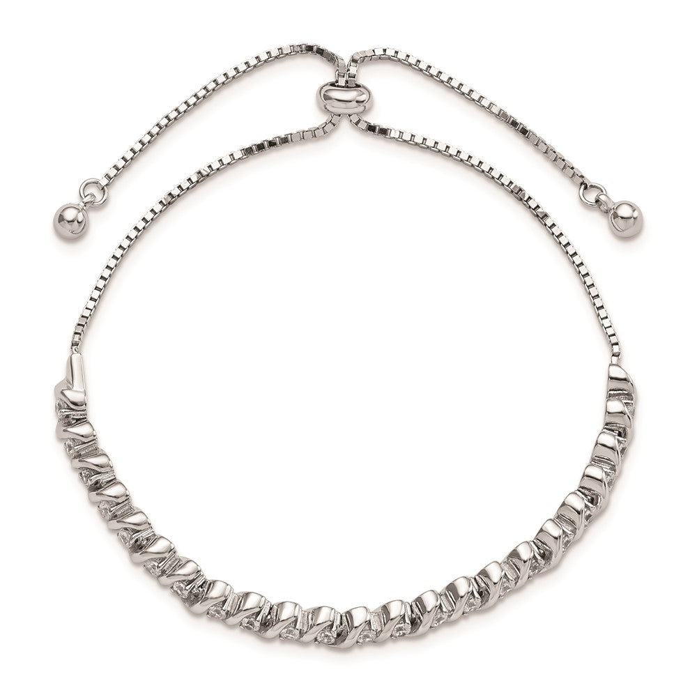 Sterling Silver Polished Rhodium-Plated Cz Adjustable Bracelet
