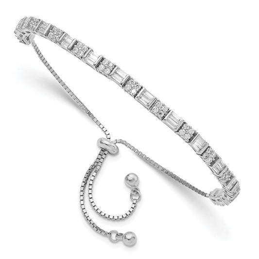 Sterling Silver Polished Rhodium-Plated Cz Adjustable Bracelet