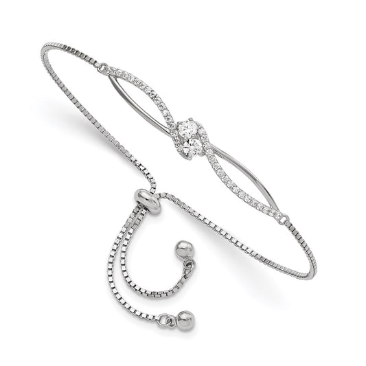 Sterling Silver Polished Rhodium-Plated Cz Adjustable Bracelet