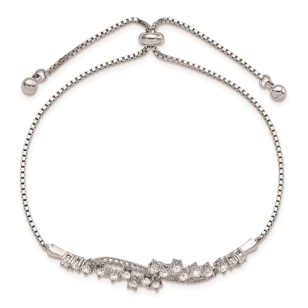 Sterling Silver Polished Rhodium-Plated Cz Adjustable Bracelet