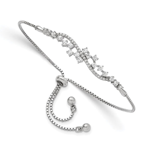 Sterling Silver Polished Rhodium-Plated Cz Adjustable Bracelet