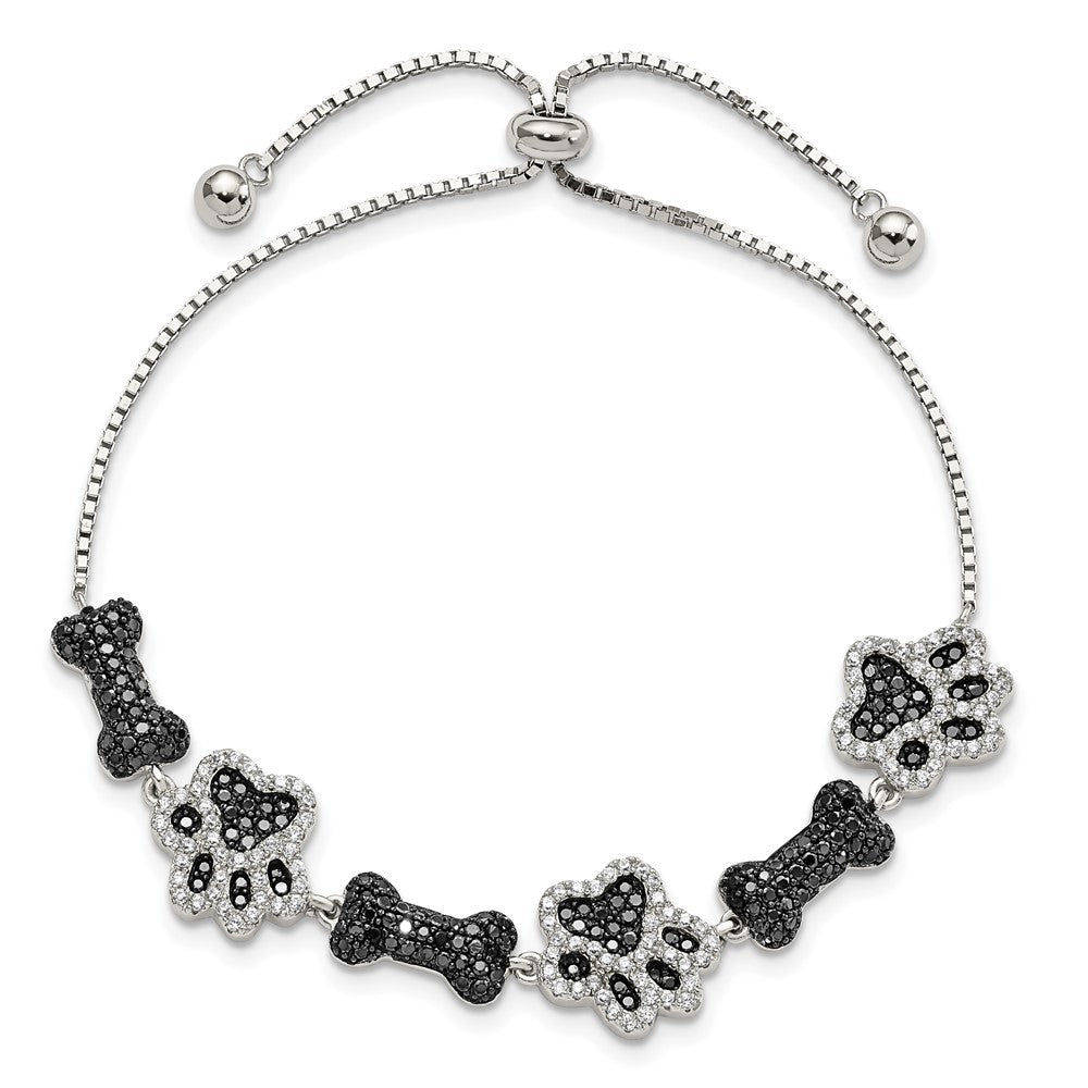 Sterling Silver Rhodium-Plated Cz Paw Print & Dog Bone Adj Bracelet
