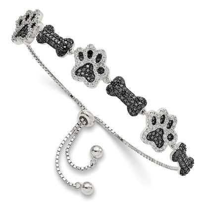 Sterling Silver Rhodium-Plated Cz Paw Print & Dog Bone Adj Bracelet