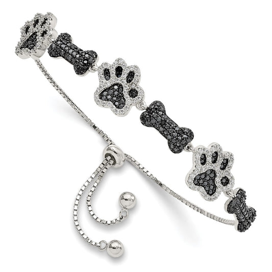Sterling Silver Rhodium-Plated Cz Paw Print & Dog Bone Adj Bracelet