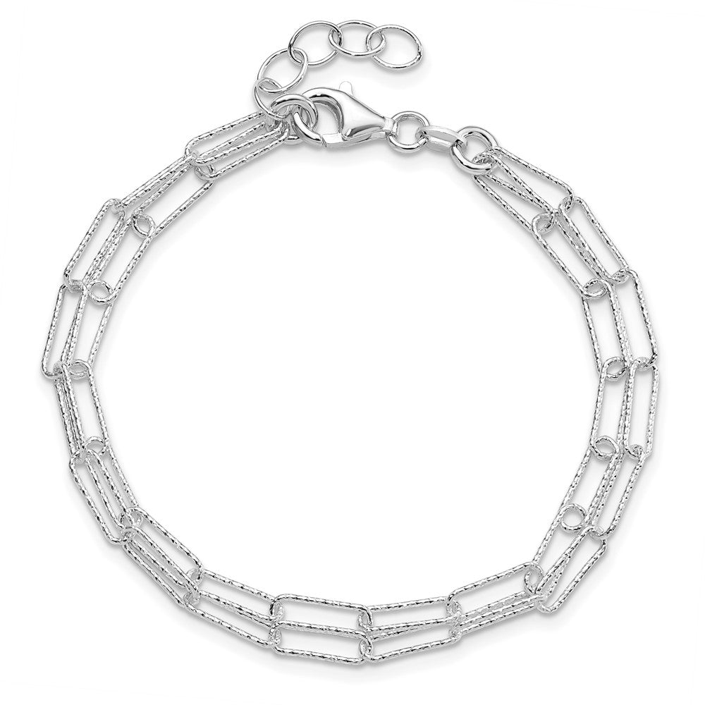 7 Inch Sterling Silver Rhodium-Plated Two D/C Fancy Link W/1 In Ext Bracelet