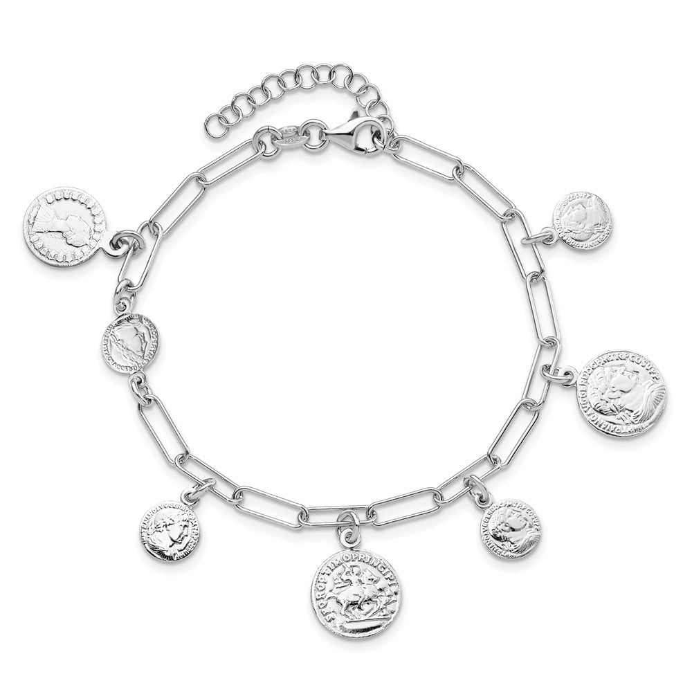6.75 Inch Sterling Silver Rhodium-Plated Polished Coin Charm W/ 1In Ext. Bracelet