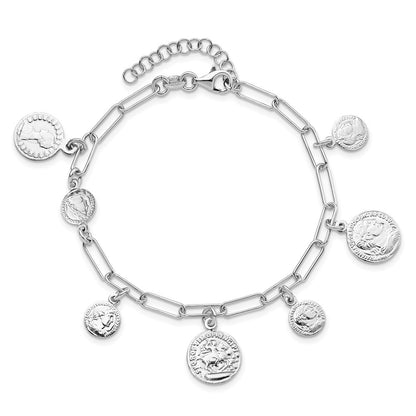 6.75 Inch Sterling Silver Rhodium-Plated Polished Coin Charm W/ 1In Ext. Bracelet