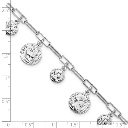6.75 Inch Sterling Silver Rhodium-Plated Polished Coin Charm W/ 1In Ext. Bracelet