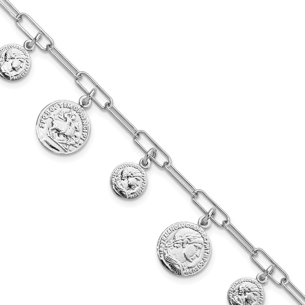 6.75 Inch Sterling Silver Rhodium-Plated Polished Coin Charm W/ 1In Ext. Bracelet