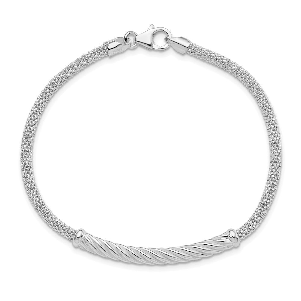 8 Inch Sterling Silver Rhodium-Plated Polished Twisted Bar Bracelet