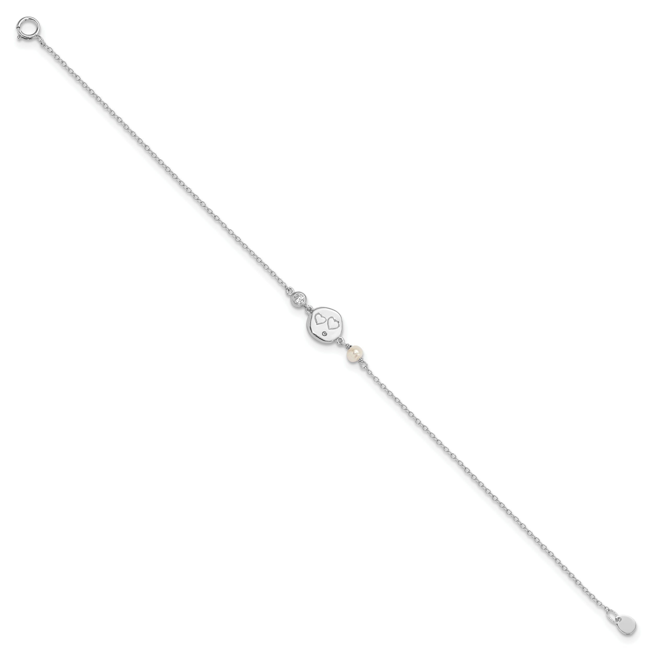 7.5 Inch Sterling Silver Rhodium-Plated Cz Fw Cultured Pearl W/ Hearts Bracelet
