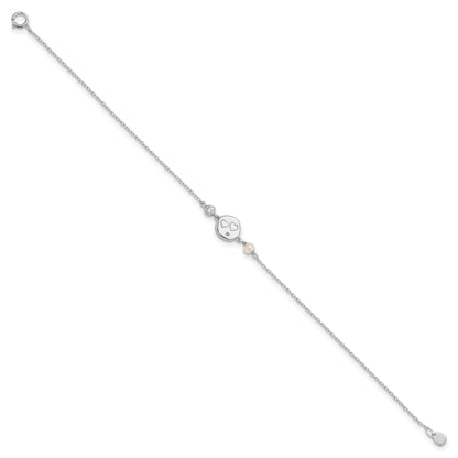 7.5 Inch Sterling Silver Rhodium-Plated Cz Fw Cultured Pearl W/ Hearts Bracelet