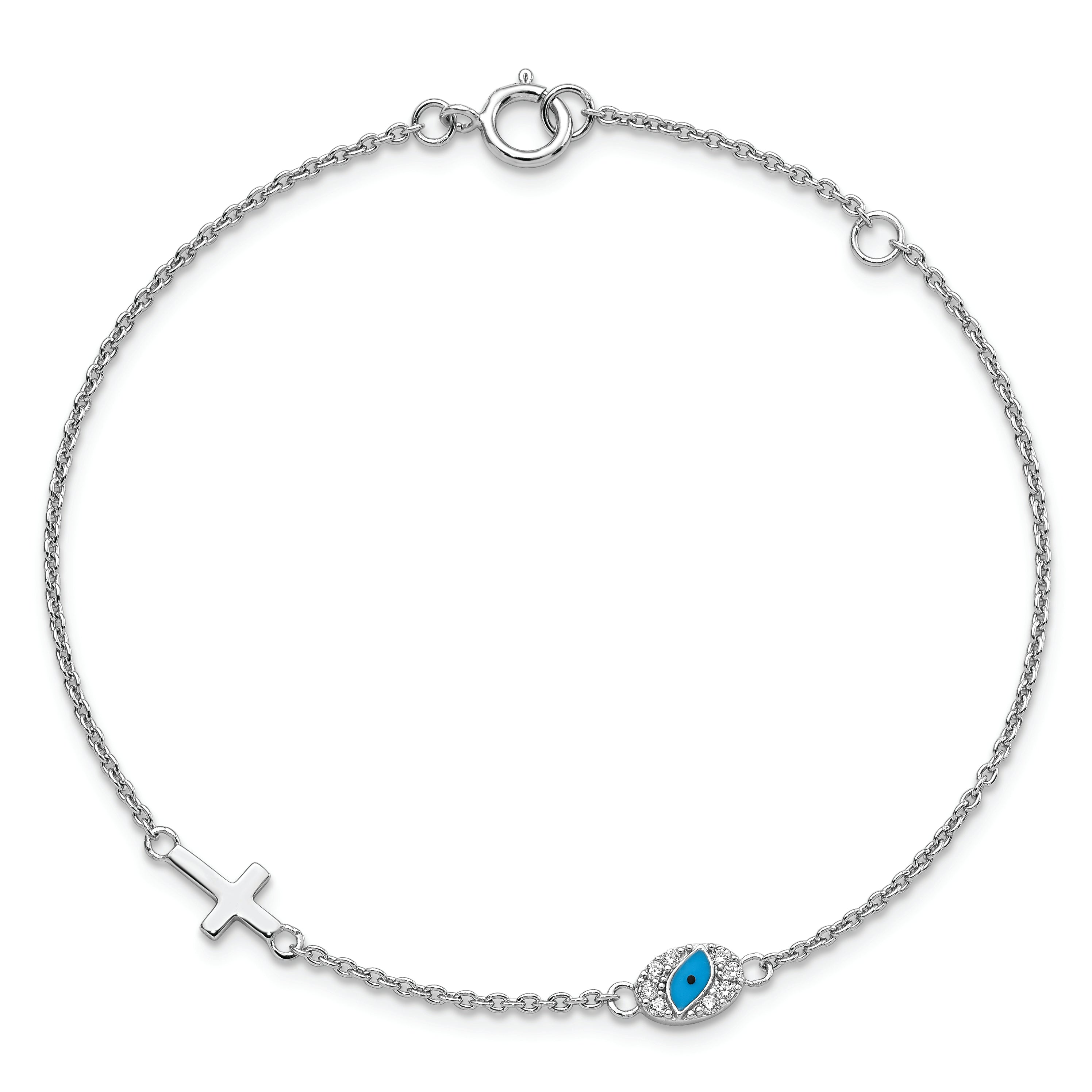 7.5 Inch Sterling Silver Rh Cz Enamel Cross W/Eye 6.5In W/1In Ext Bracelet