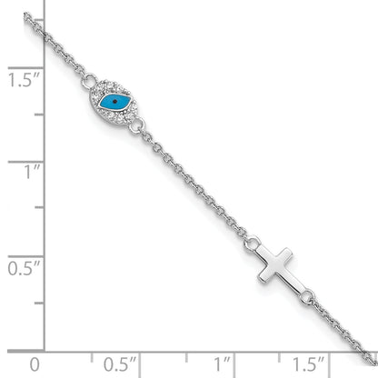 7.5 Inch Sterling Silver Rh Cz Enamel Cross W/Eye 6.5In W/1In Ext Bracelet