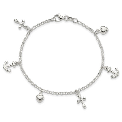 7.5 Inch Sterling Silver Cross, Anchor, Heart Bracelet
