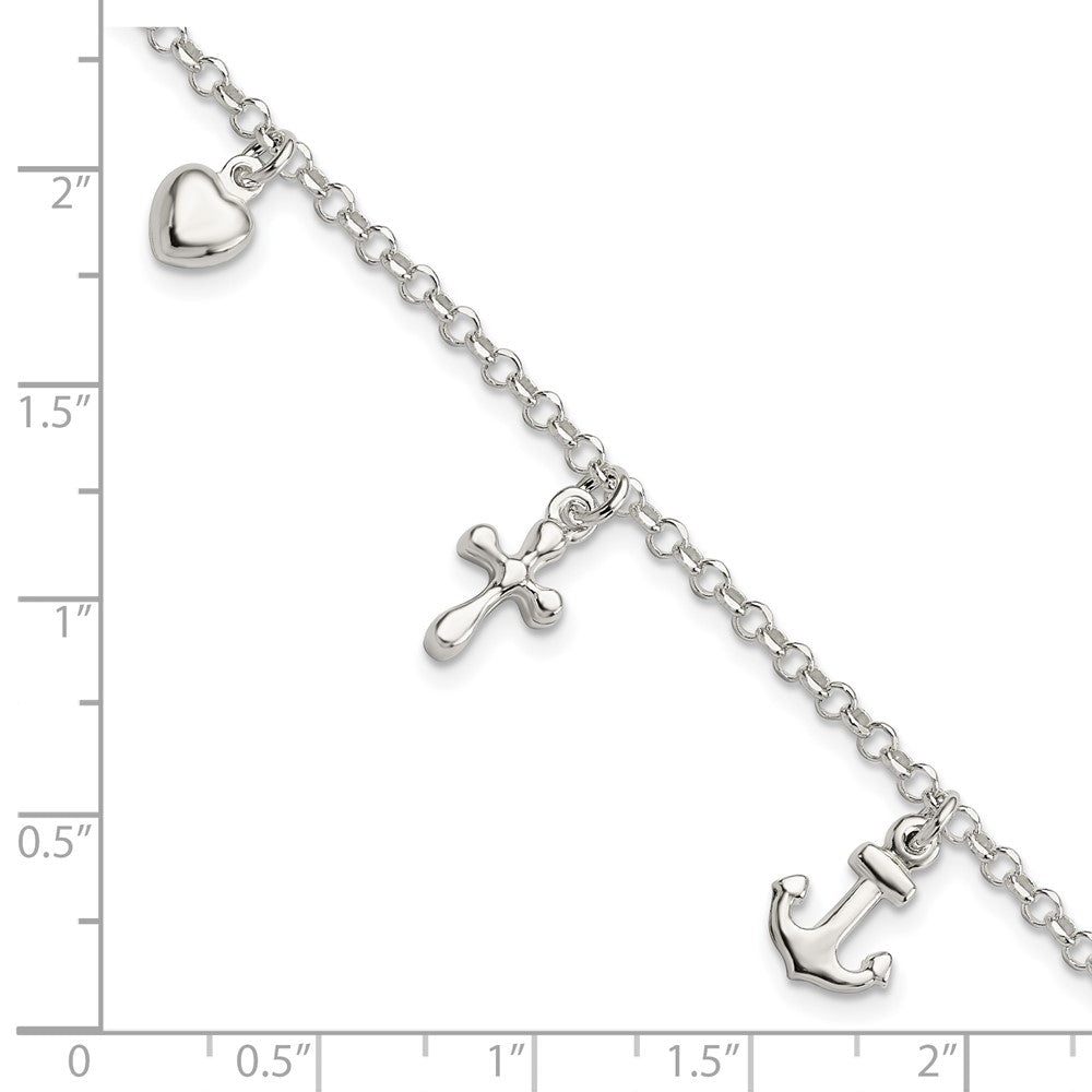 7.5 Inch Sterling Silver Cross, Anchor, Heart Bracelet
