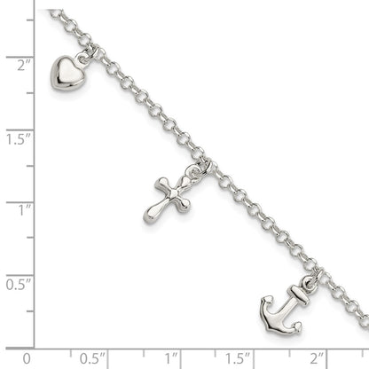 7.5 Inch Sterling Silver Cross, Anchor, Heart Bracelet