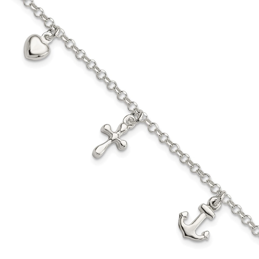 7.5 Inch Sterling Silver Cross, Anchor, Heart Bracelet