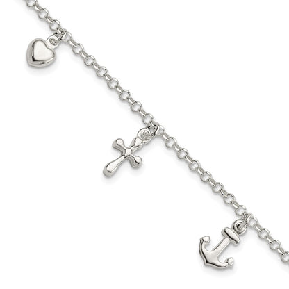 7.5 Inch Sterling Silver Cross, Anchor, Heart Bracelet
