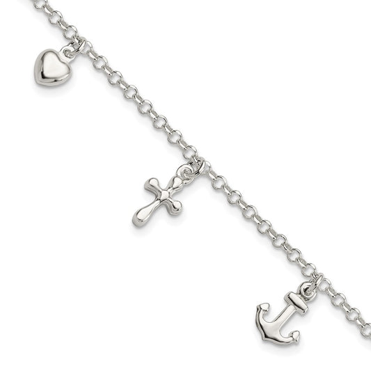 7.5 Inch Sterling Silver Cross, Anchor, Heart Bracelet