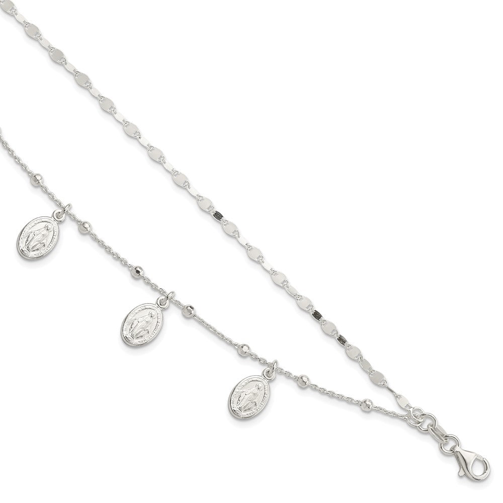 8 Inch Sterling Silver Dbl Miraculous Medal W/1 In Ext. Bracelet