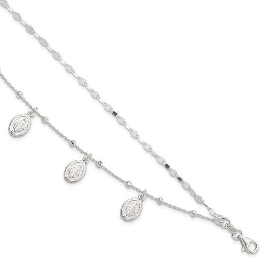 8 Inch Sterling Silver Dbl Miraculous Medal W/1 In Ext. Bracelet