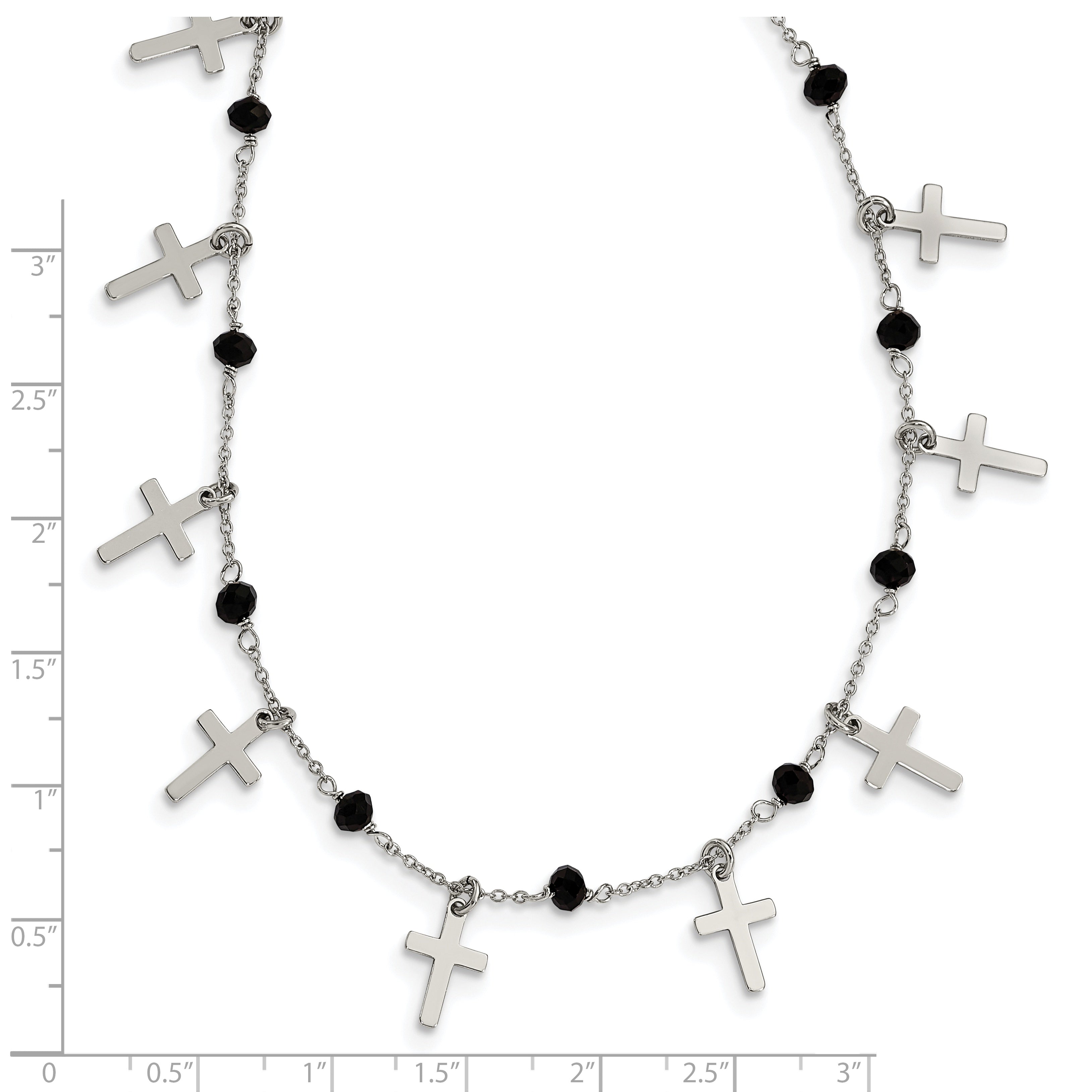 Sterling Silver Rhodium-Plated Black Crystal Cross W/ 1.25In Ext. Necklace