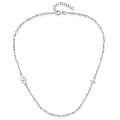 Sterling Silver Medal/Cross W/1.5In Ext. Rosary Necklace